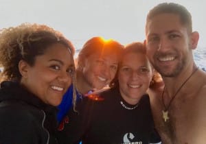 Author with Sirena crew and guests. From left, Andrea Whitaker, Jamie Cruce, Nathalie Assens, Michael Scott. Photo Credit: Michael Scott