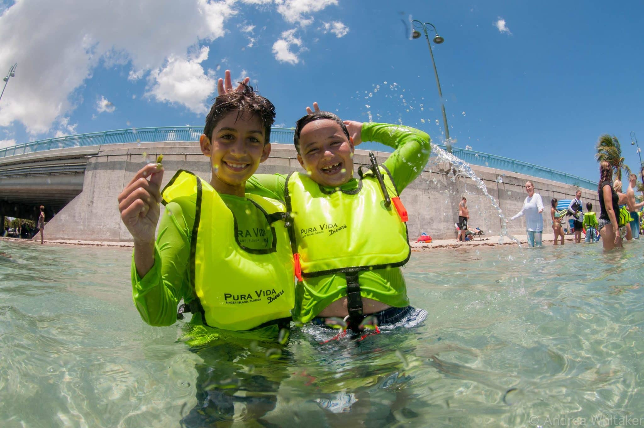 two boys laughing in the water at kids eco snorkel camp