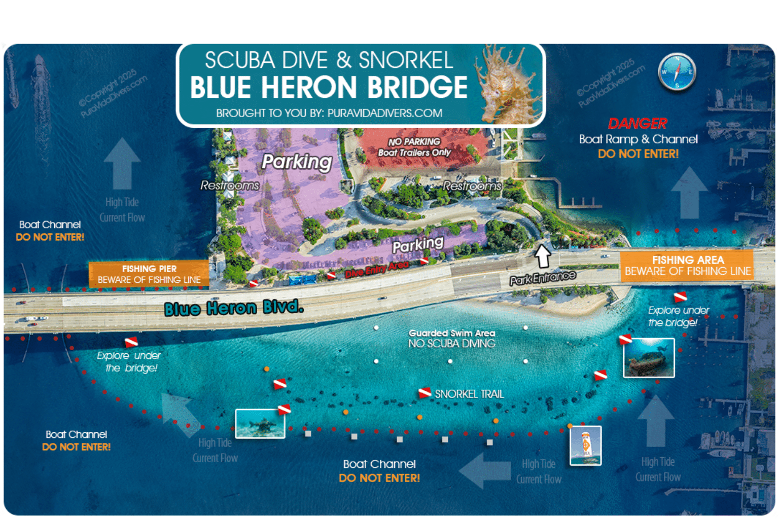 Blue Heron Bridge Dive Map COPYRIGHT PURA VIDA DIVERS, LLC 2025